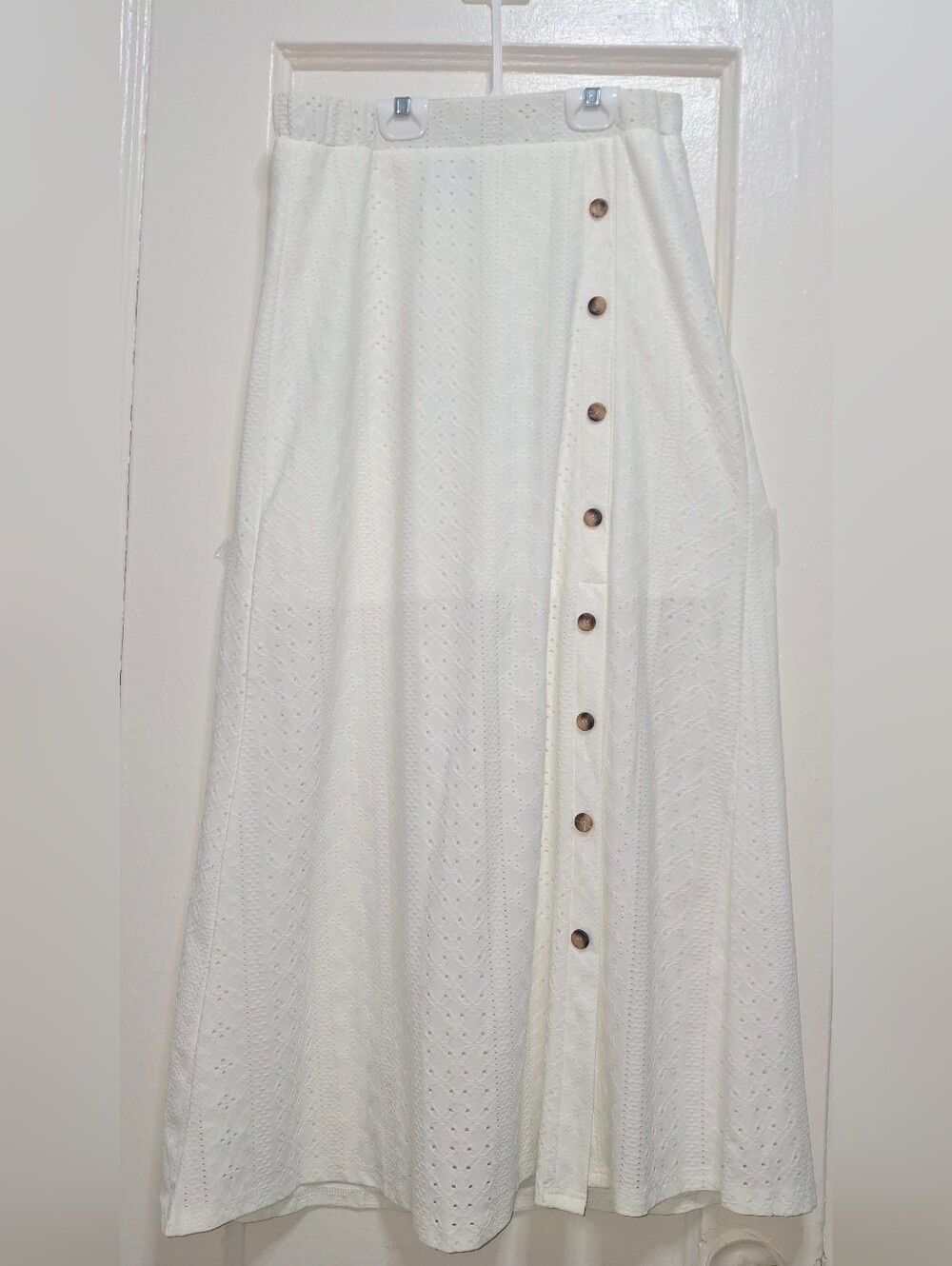 SHEIN White Eyelet Midi Skirt Women's M Button Front A-Line Boho Cottagecore - Picture 1 of 6